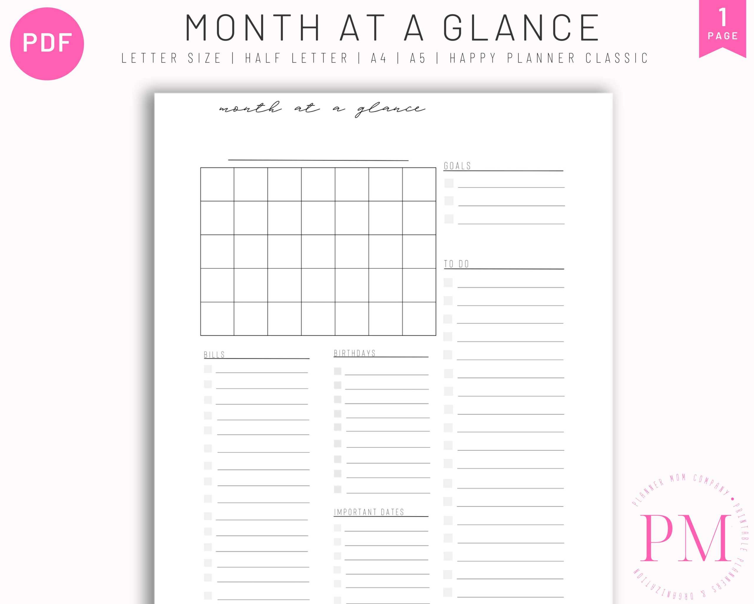 Month At A Glance Planner Printable Template One Page Monthly – Etsy Regarding Month At A Glance Blank Calendar Template
