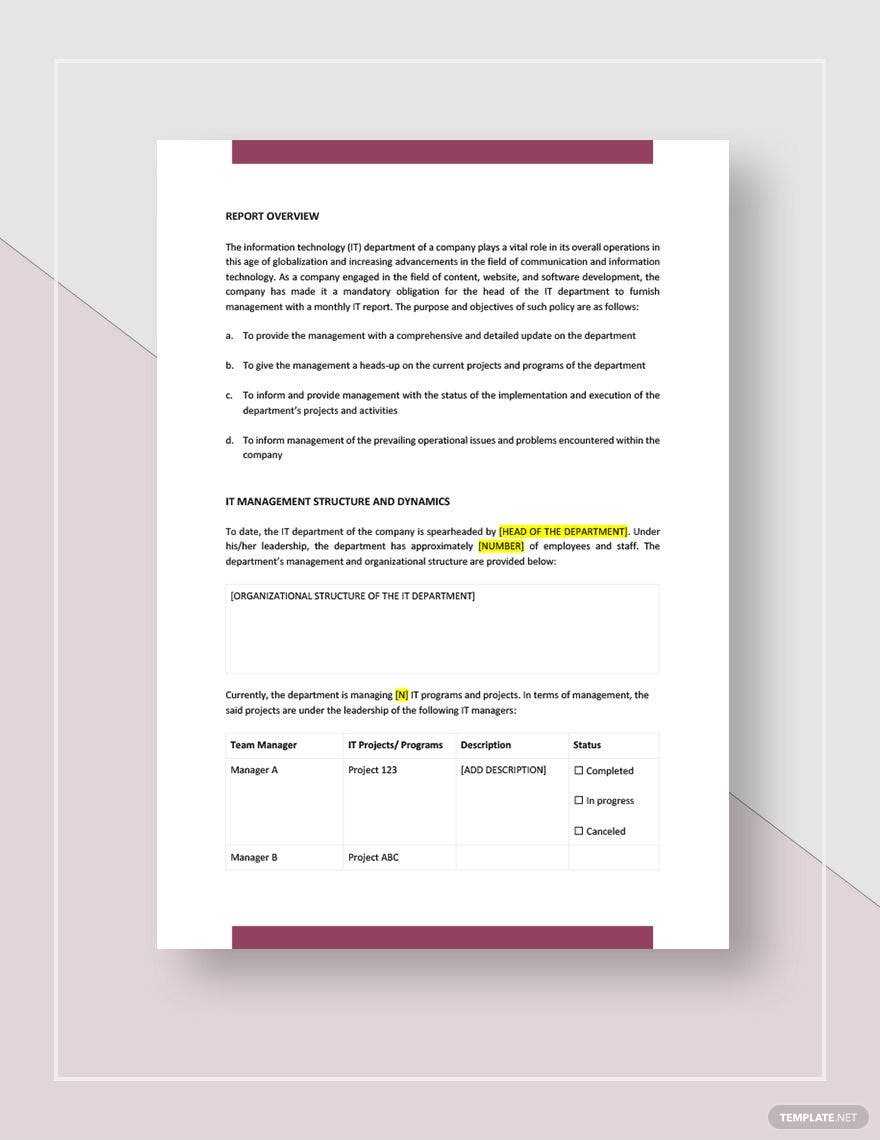 Monthly IT Report for Management Template - Google Docs, Word  Within It Management Report Template