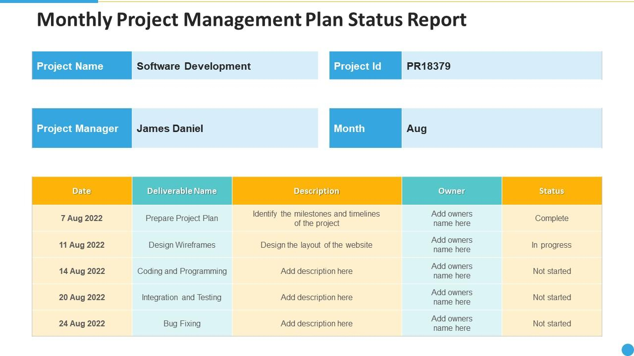 monthly project management plan status report  Presentation  Regarding Monthly Program Report Template