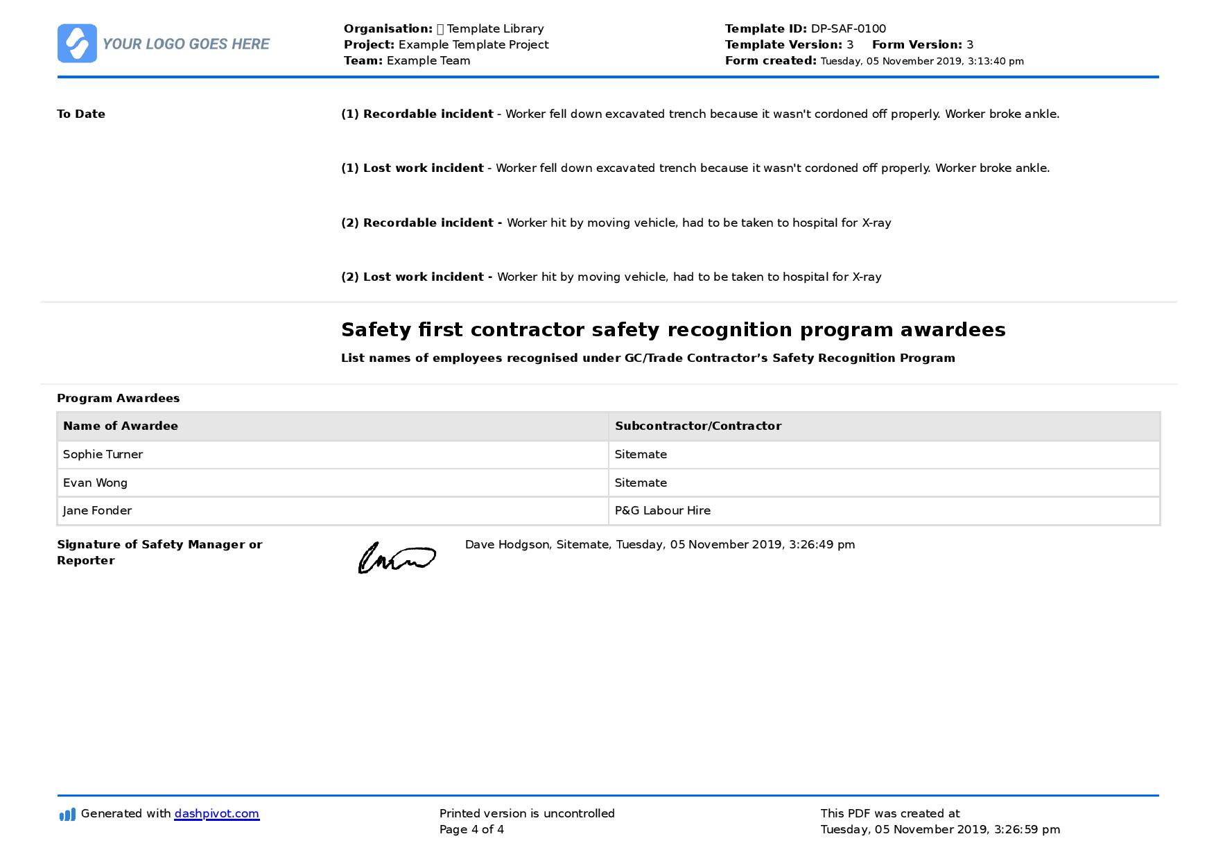 Monthly Safety Report template (Better format than word or excel) Throughout Ohs Incident Report Template Free