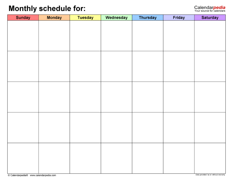 Monthly Schedule Templates for Microsoft Excel In Blank Monthly Work Schedule Template ...