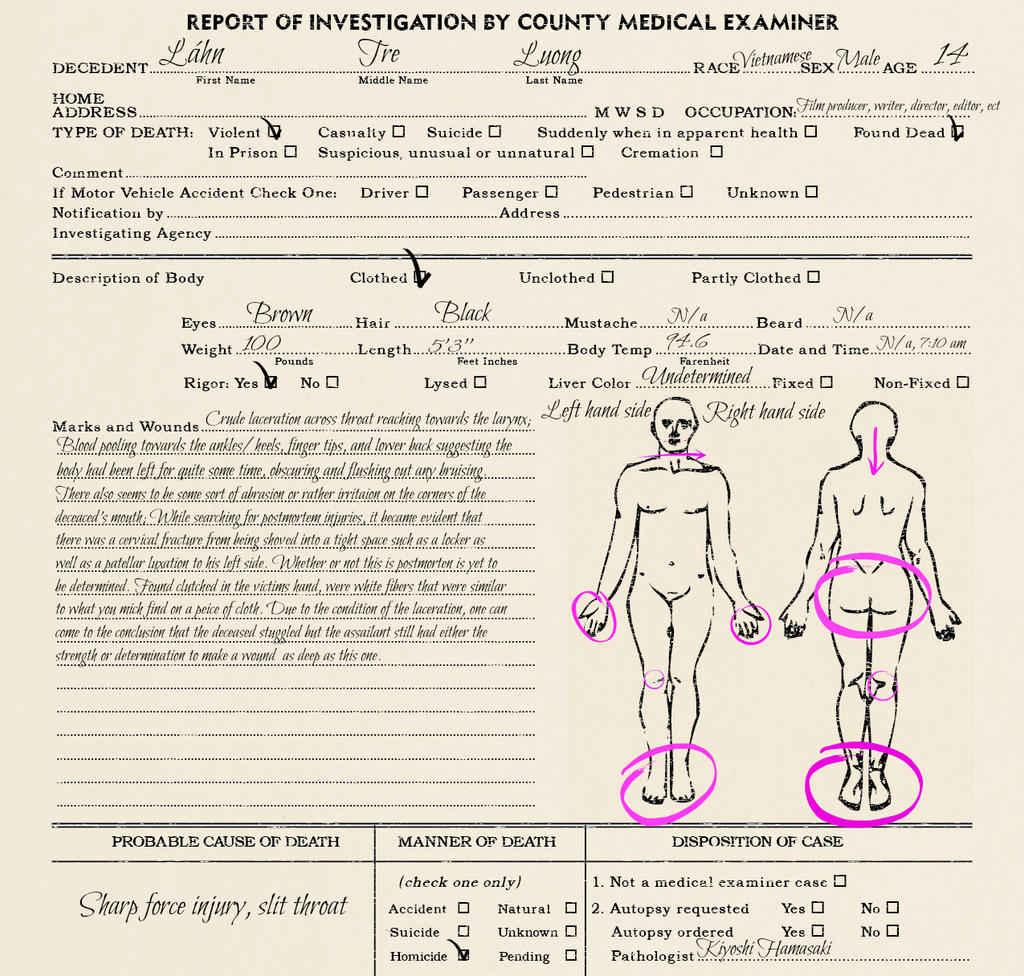 Morbid academy: First Autopsy Report by NekoEm-chan on DeviantArt With Autopsy Report Template