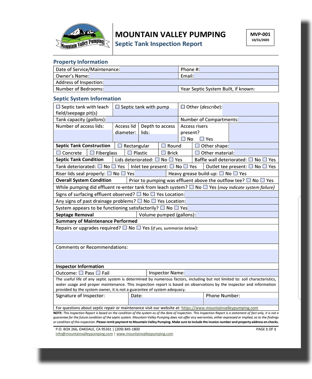 Mountain Valley: Septic Inspections In Drainage Report Template