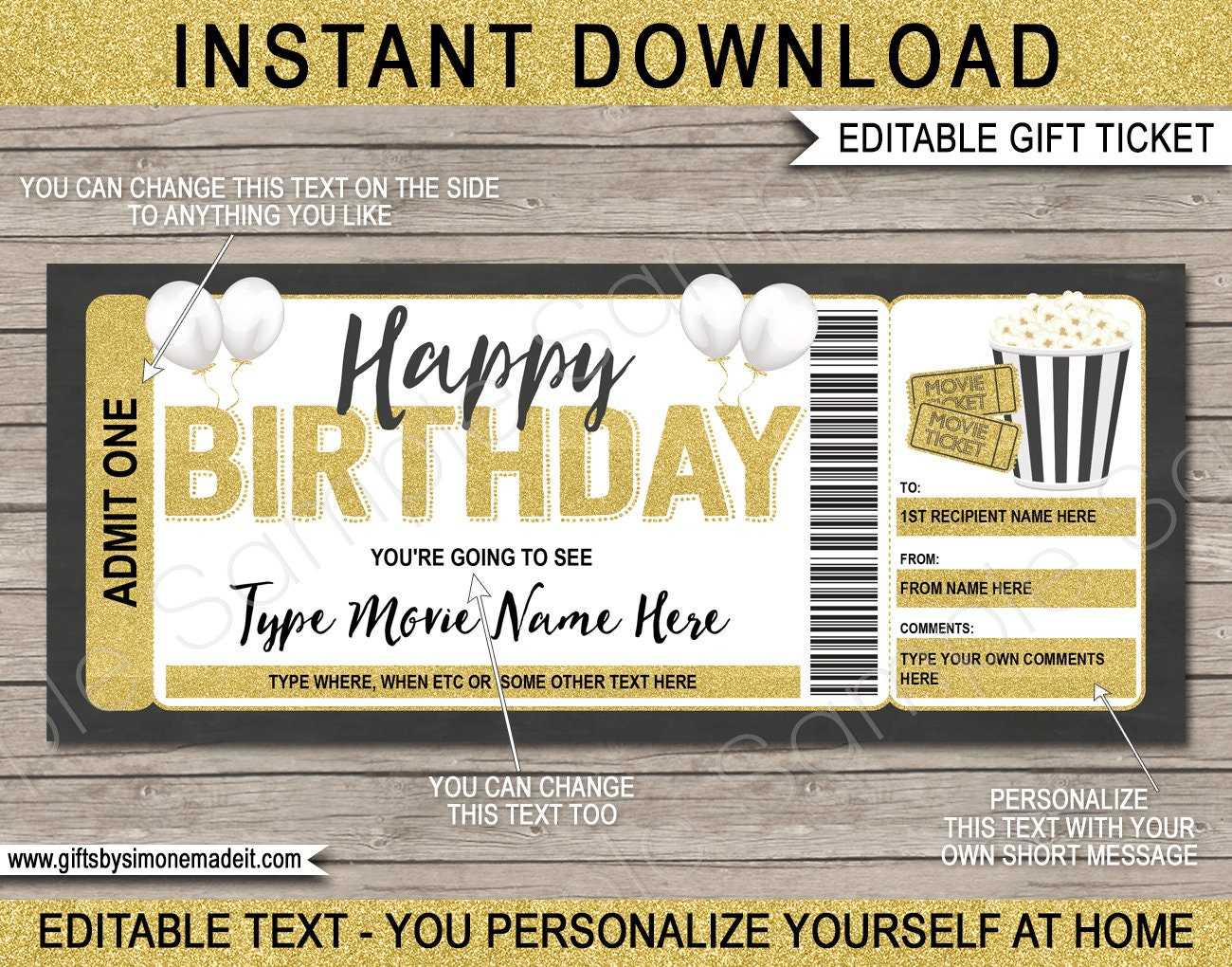 Movie Ticket Template Gift Certificate Voucher Birthday - Etsy