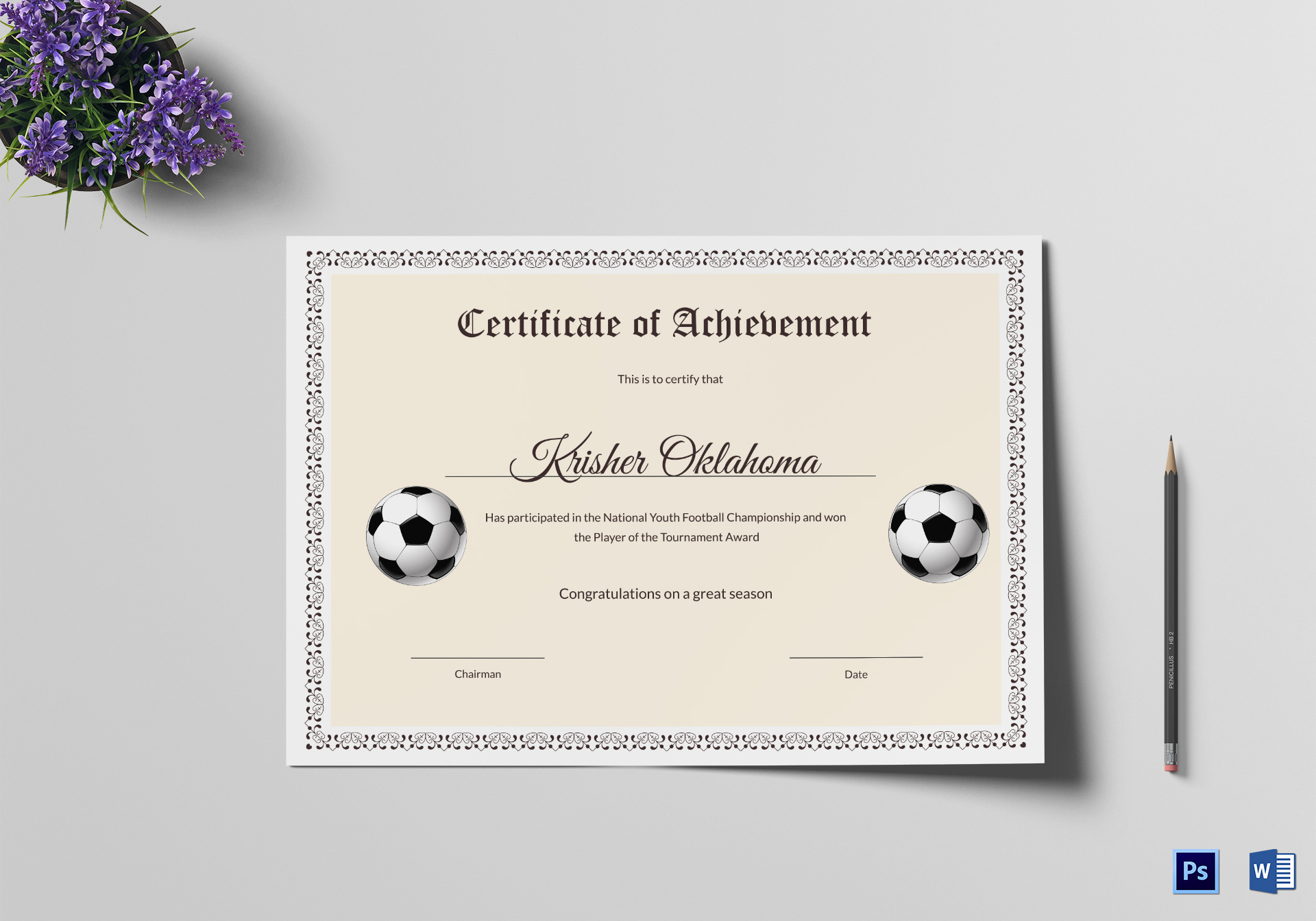 National Youth Football Certificate Design Template in PSD, Word