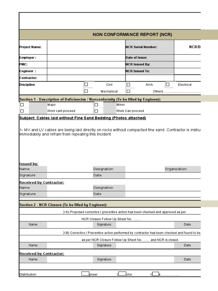 NCR Non Conformance Report Electrical Format Template  PDF  Inside Non Conformance Report Template