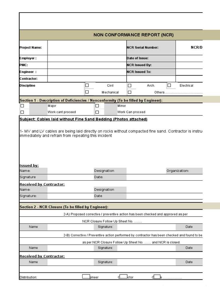 NCR Non Conformance Report Electrical Format Template  PDF