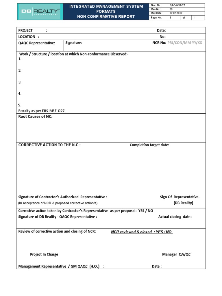 NCR – Non Conformance Report Format  PDF In Non Conformance Report Form Template
