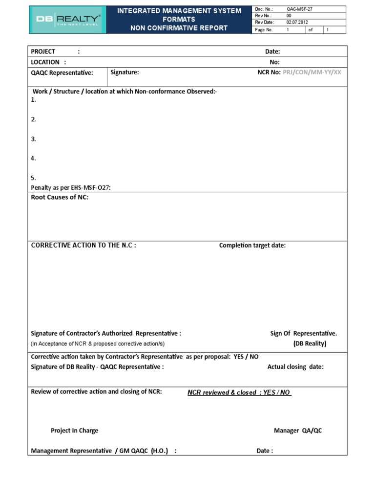 NCR - Non Conformance Report Format  PDF In Non Conformance Report Form Template