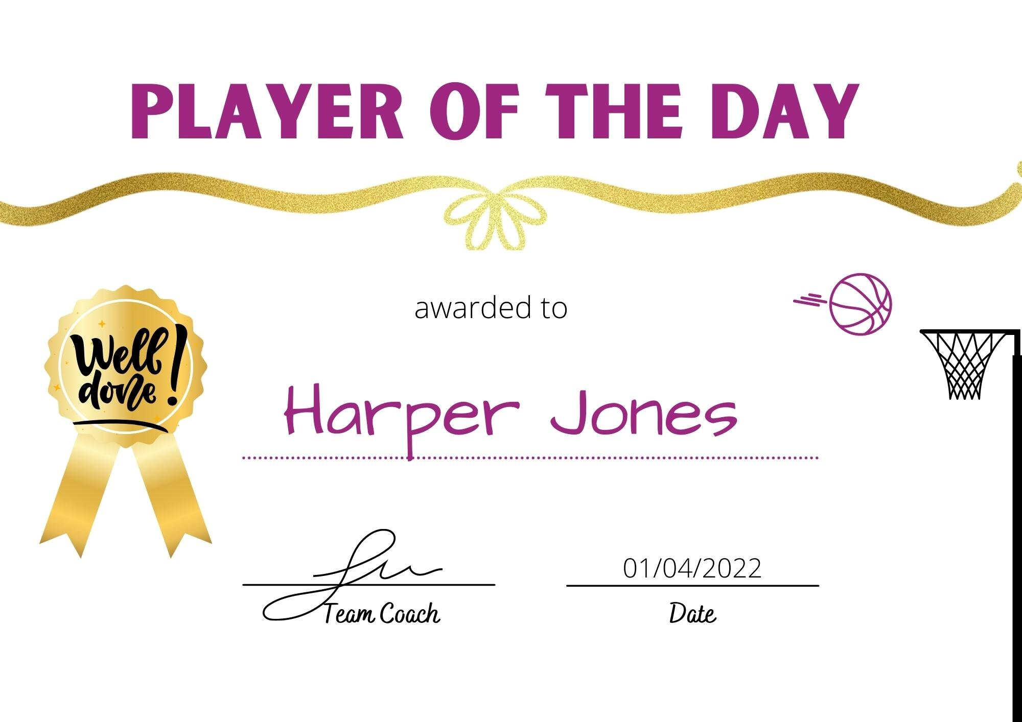 Netball - Player of the Day Certificate. Instant download plus editable  version