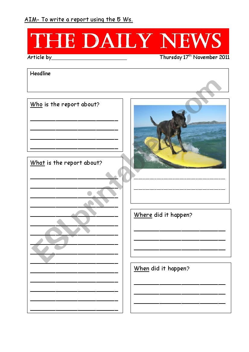 Newspaper Report Template - ESL worksheet by zoo10zoo For News Report Template