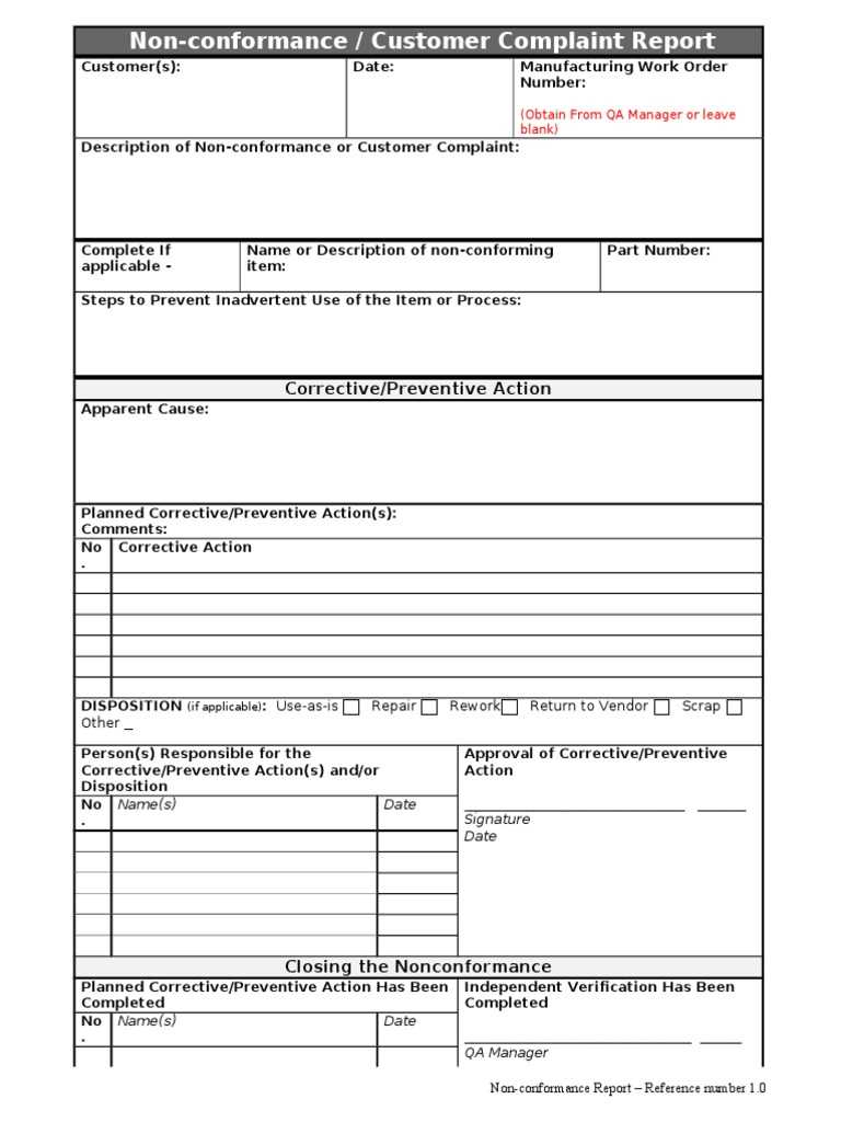 Non Conformance Report  PDF Within Non Conformance Report Form Template