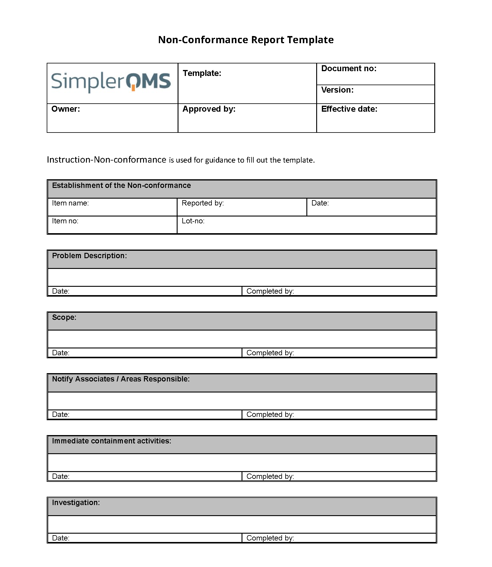Non-Conformance Report Template [Free Download] - SimplerQMS Regarding Quality Non Conformance Report Template