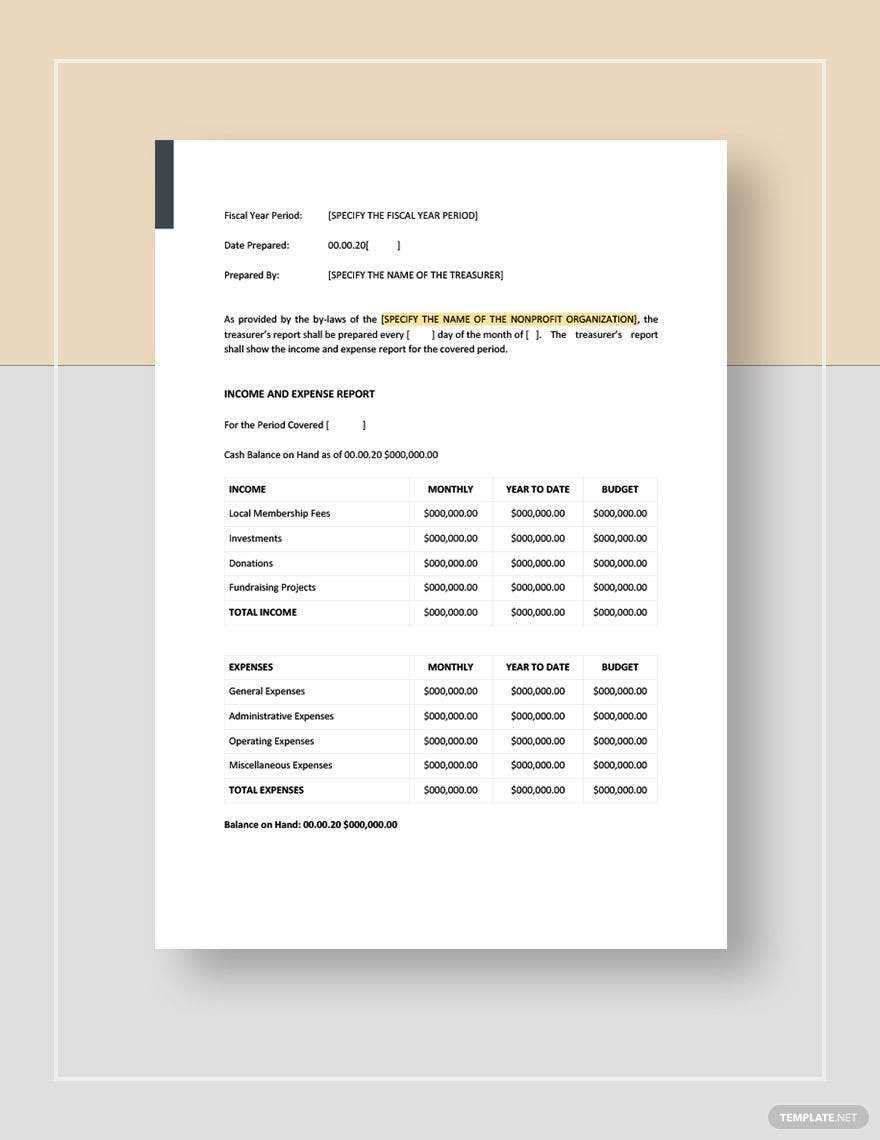 Non Profit Treasurer Report Template - Google Docs, Word, Apple