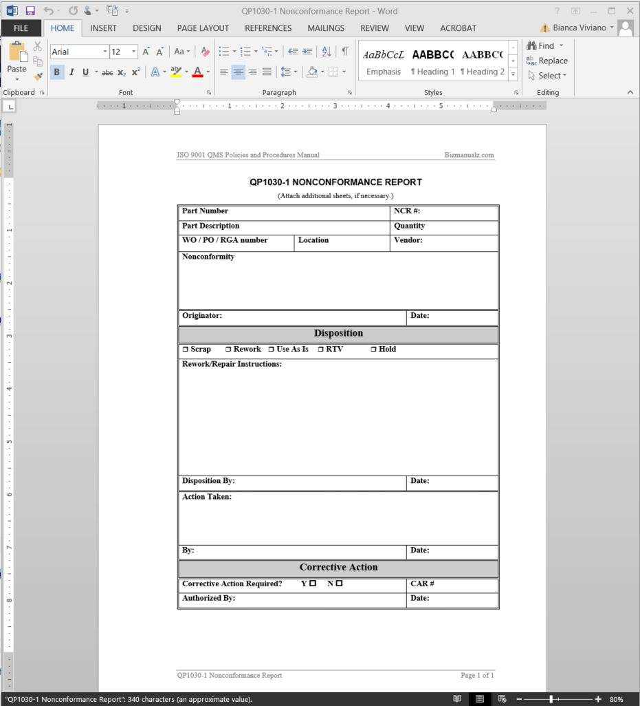 Nonconformance Report ISO Template Inside Quality Non Conformance Report Template