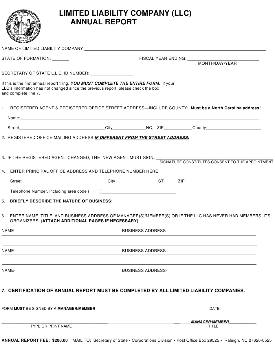 North Carolina Limited Liability Company Annual Report Form  Intended For Llc Annual Report Template