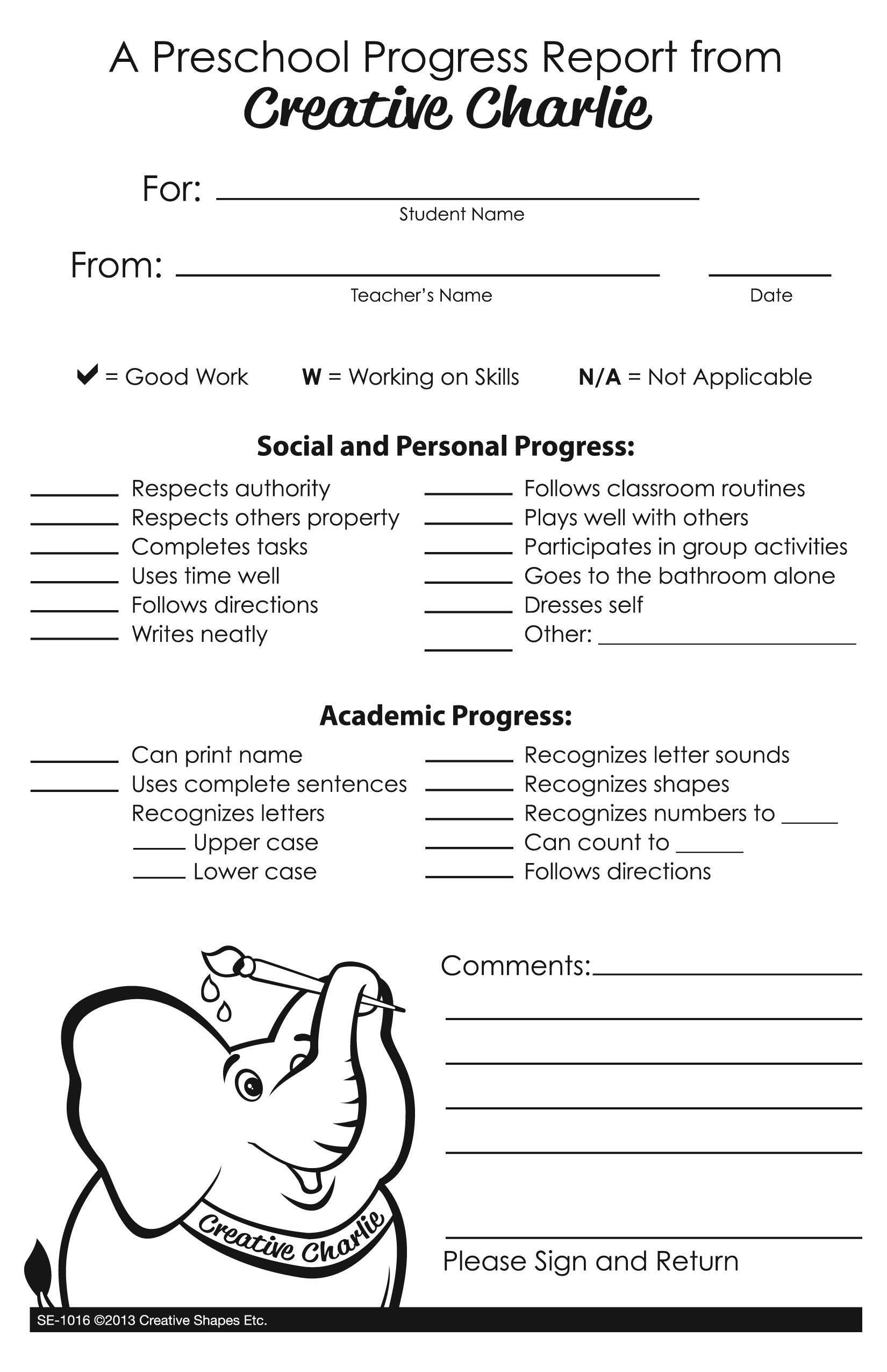 Notes from Teachers - Creative Charlie Preschool Progress Report