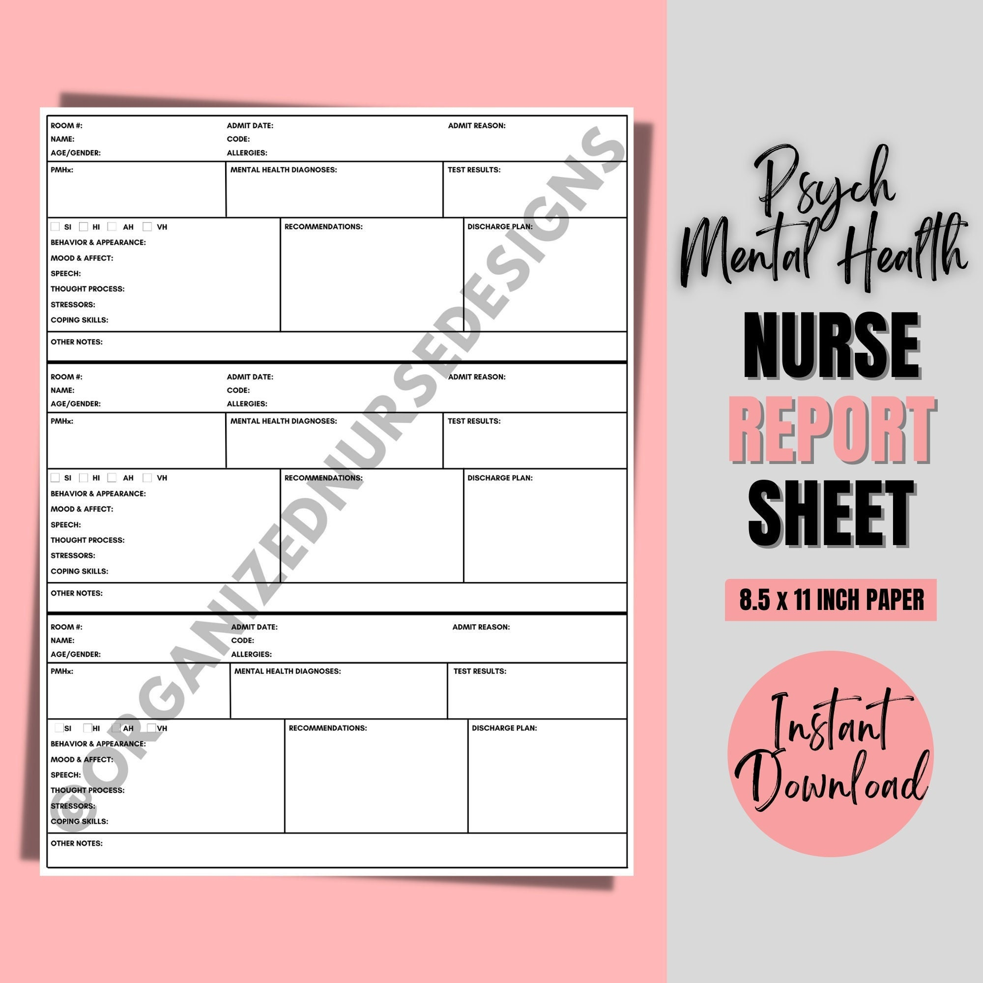 Nurse Report Sheet for 10 or 10 Psych Patients Nurse Brain - Etsy  In Nursing Report Sheet Templates
