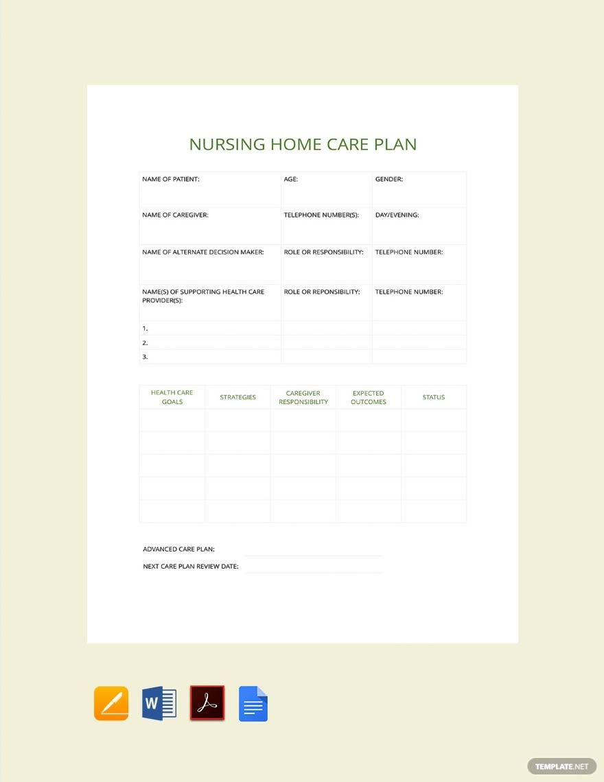 Nursing Home Care Plan Template - Google Docs, Word, Apple