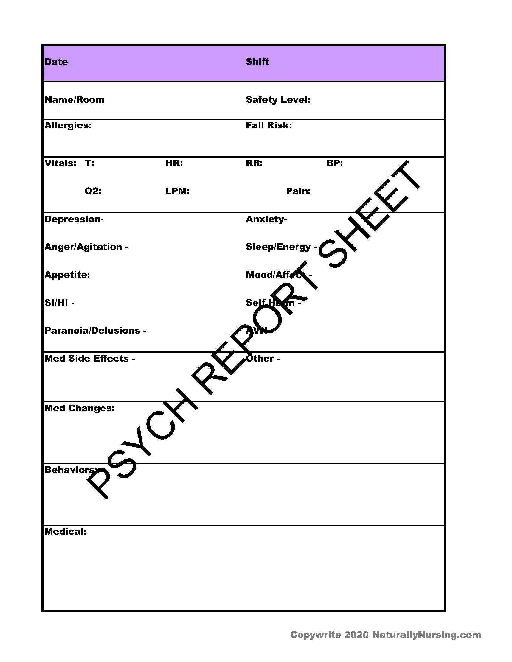 NURSING REPORT Sheet - Psych/Mental Health- Nurse Organizer - rn/lpn/pmhnp-  simple - Nurse Planner - printable Inside Nurse Shift Report Sheet Template