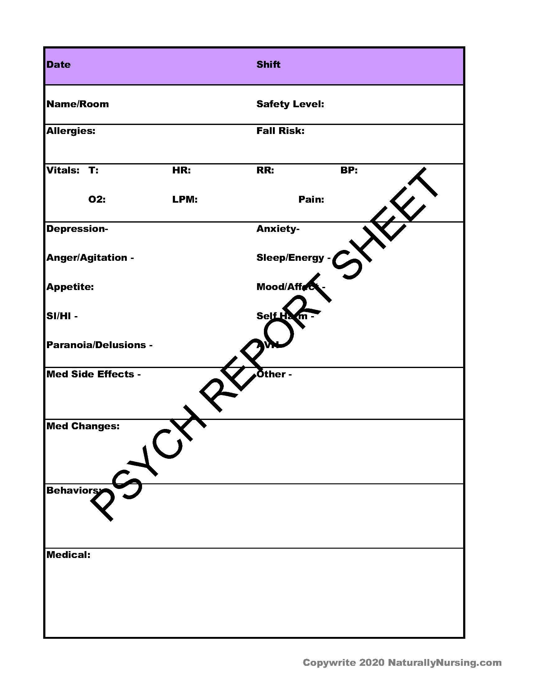 NURSING REPORT Sheet - Psych/Mental Health- Nurse Organizer - rn/lpn/pmhnp-  simple - Nurse Planner - printable Within Nursing Handoff Report Template