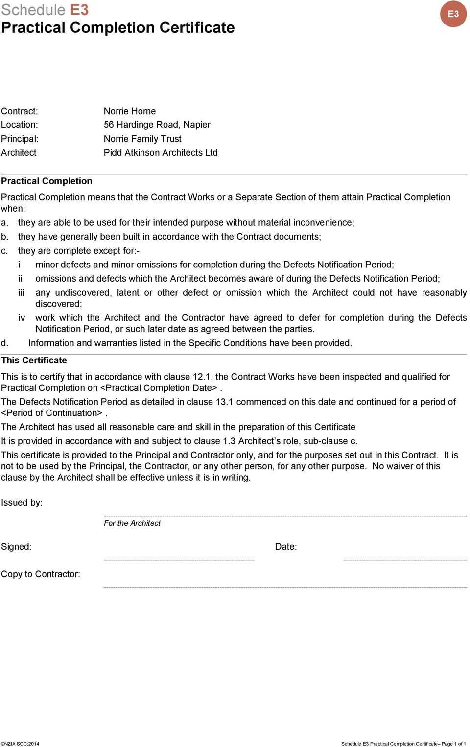 NZIA Standard Construction Contract – PDF Free Download In Jct Practical Completion Certificate Template