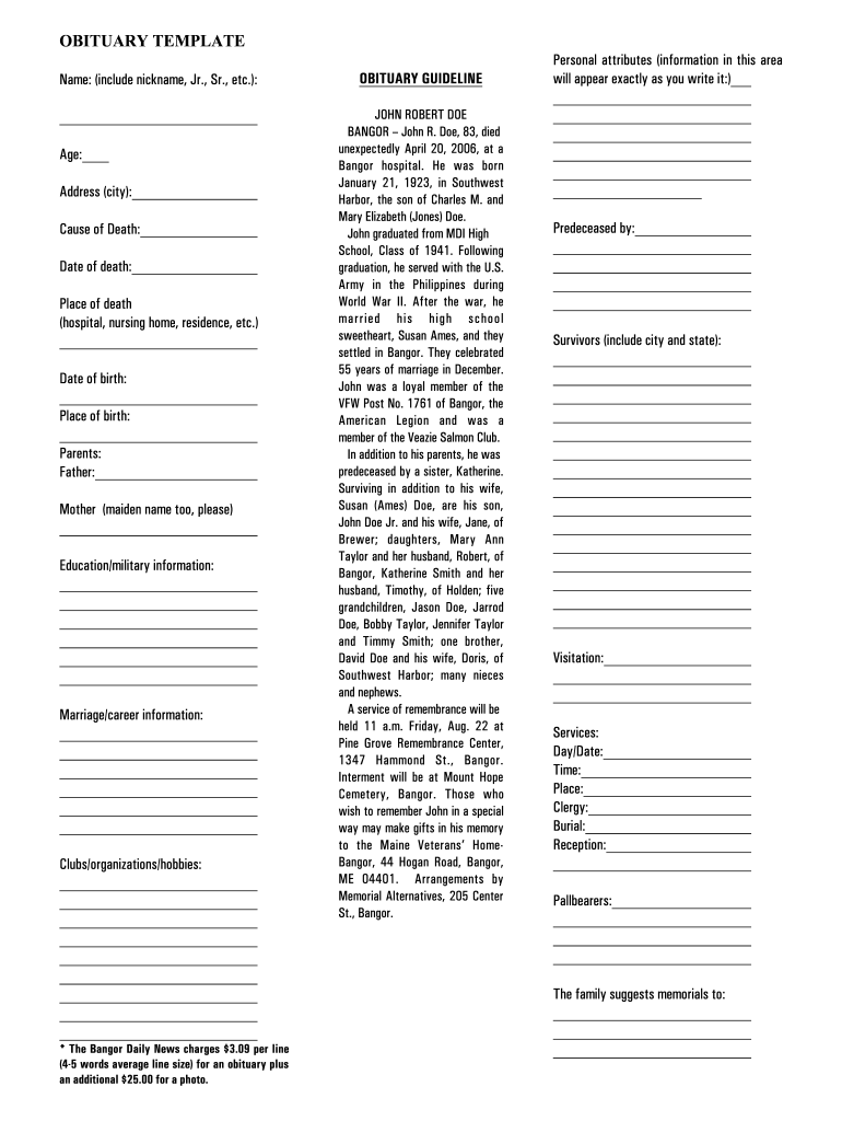 Obituary Template – Fill Online, Printable, Fillable, Blank  In Fill In The Blank Obituary Template