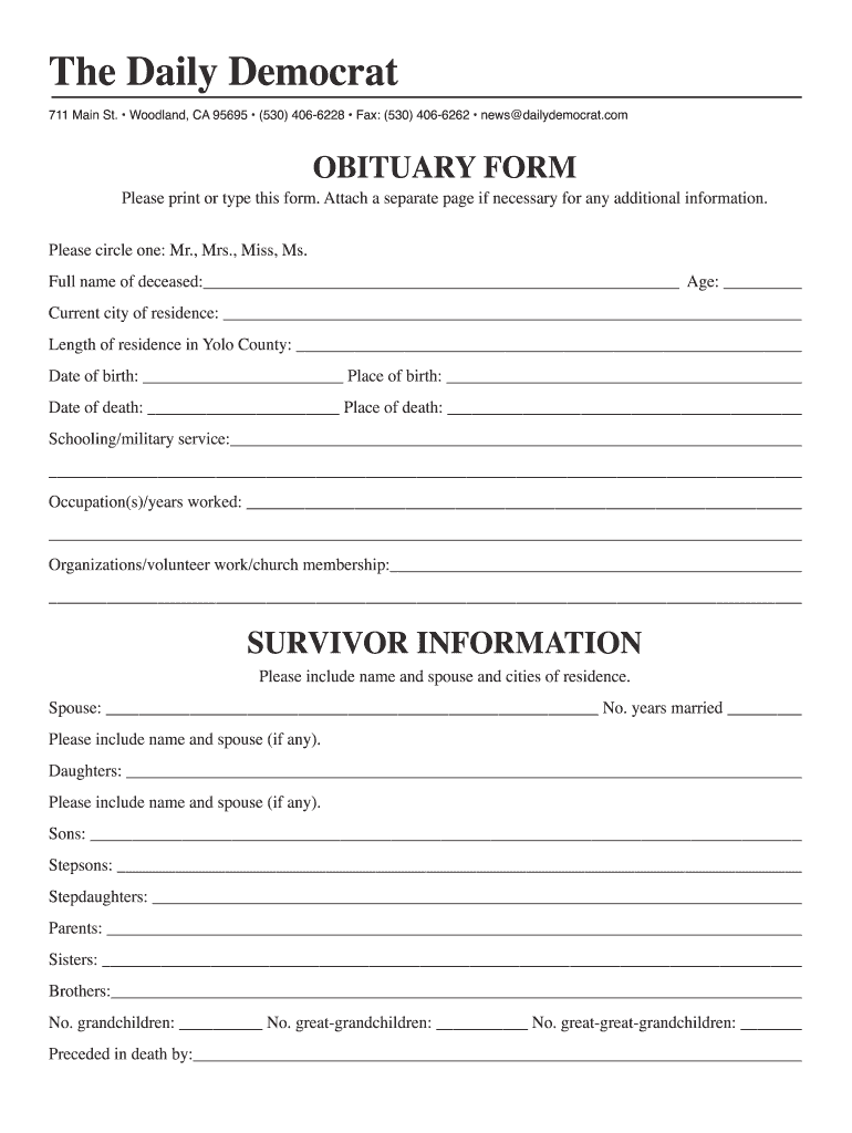 Obituary Template - Fill Online, Printable, Fillable, Blank  Intended For Fill In The Blank Obituary Template