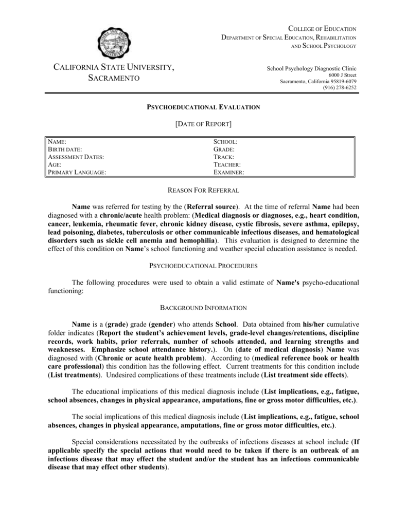 OHI Report Template With Psychoeducational Report Template