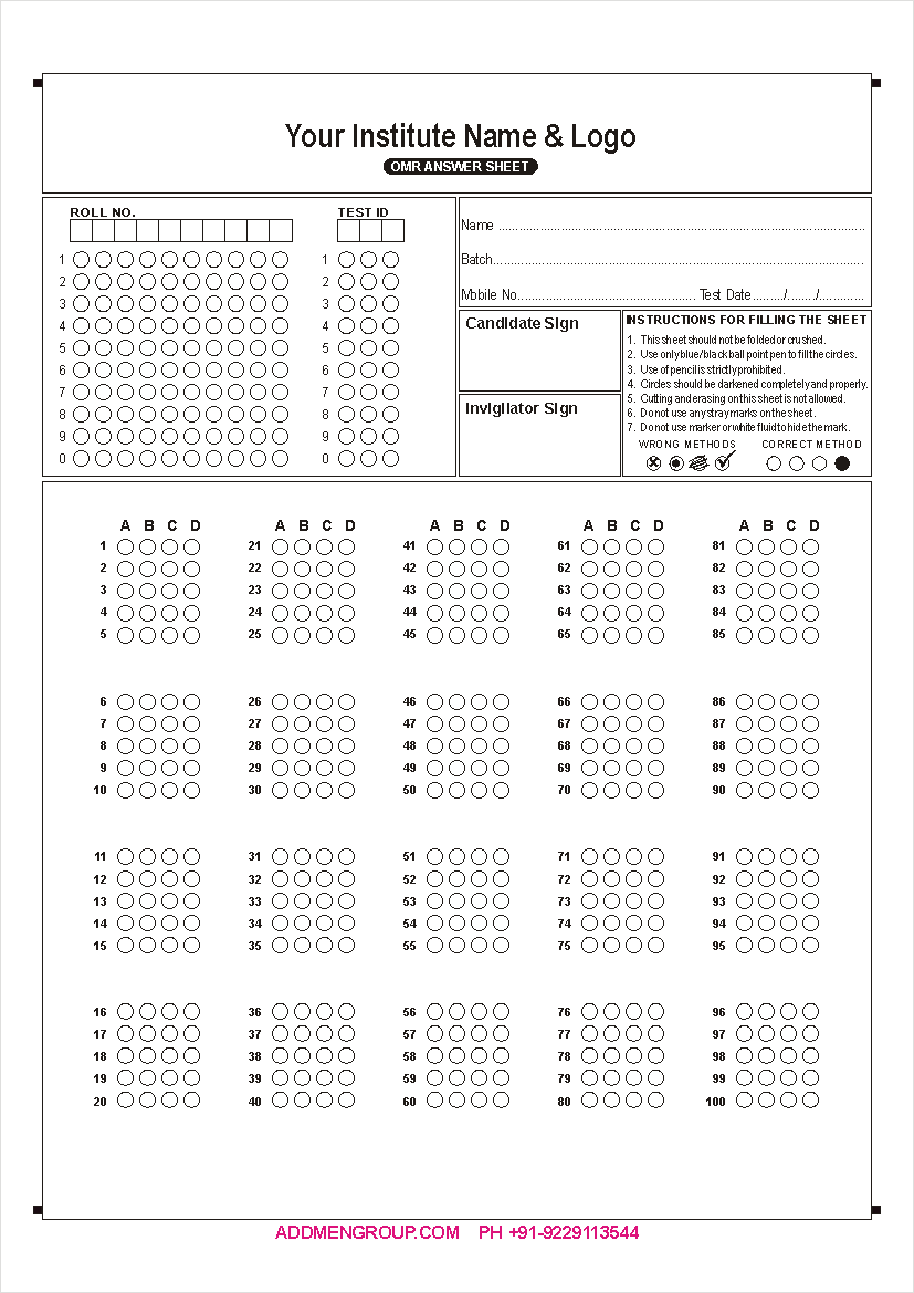 OMR Answer Sheet  Answer Sheet Intended For Blank Answer Sheet Template 1 100