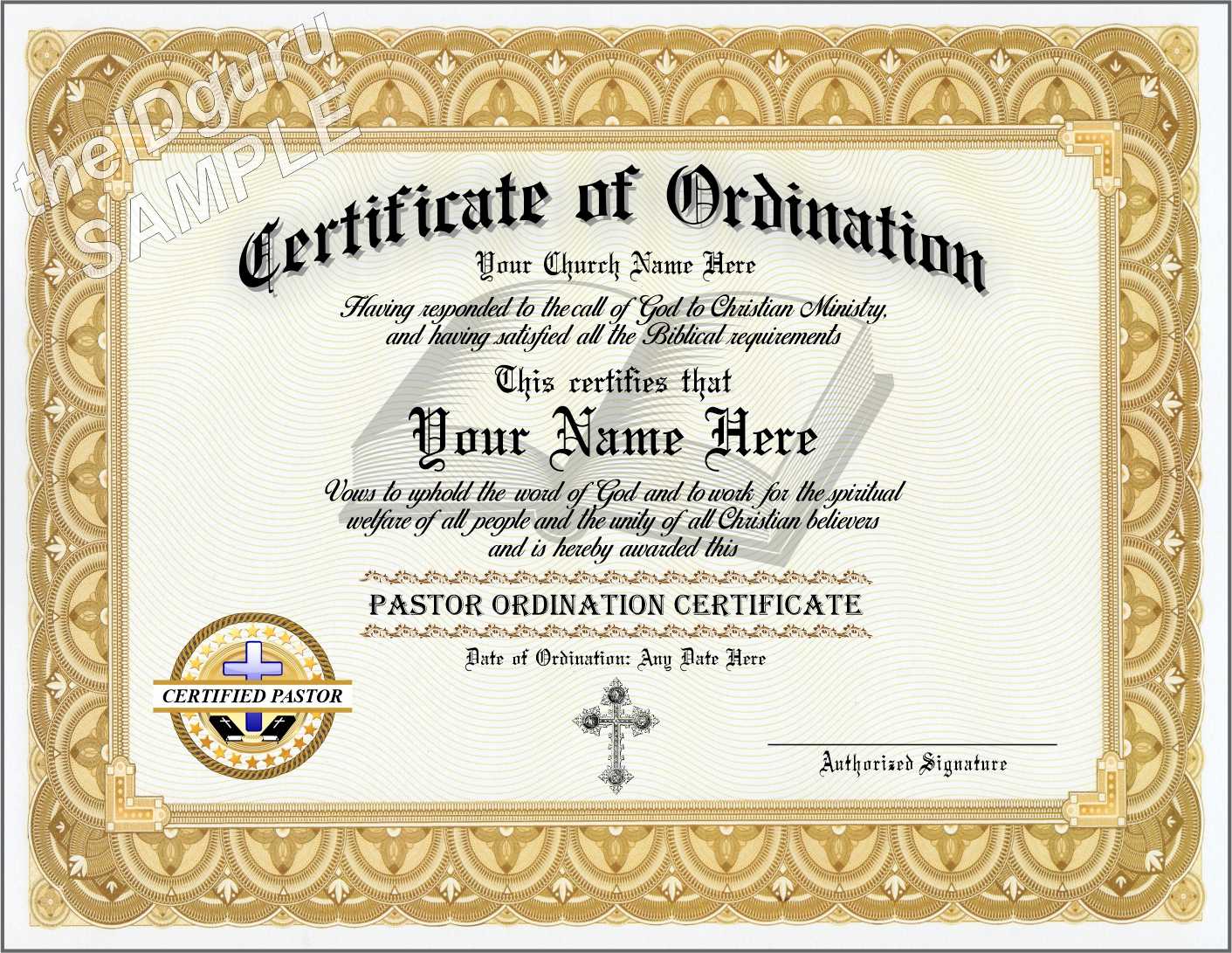 Ordained PASTOR Certificate – Custom printed with your information  Intended For Certificate Of Ordination Template