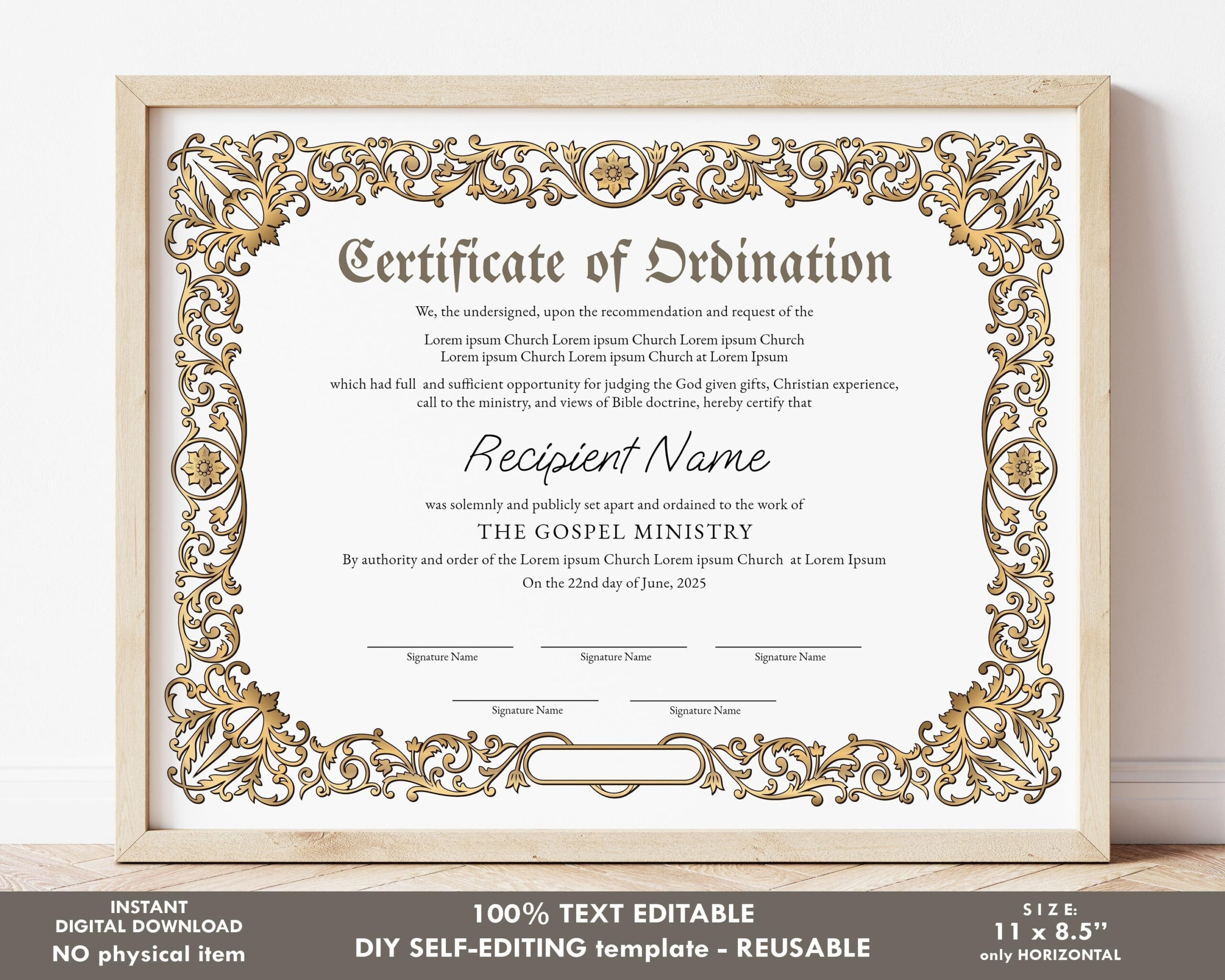 Ordination Certificate Template Editable Printable - Etsy