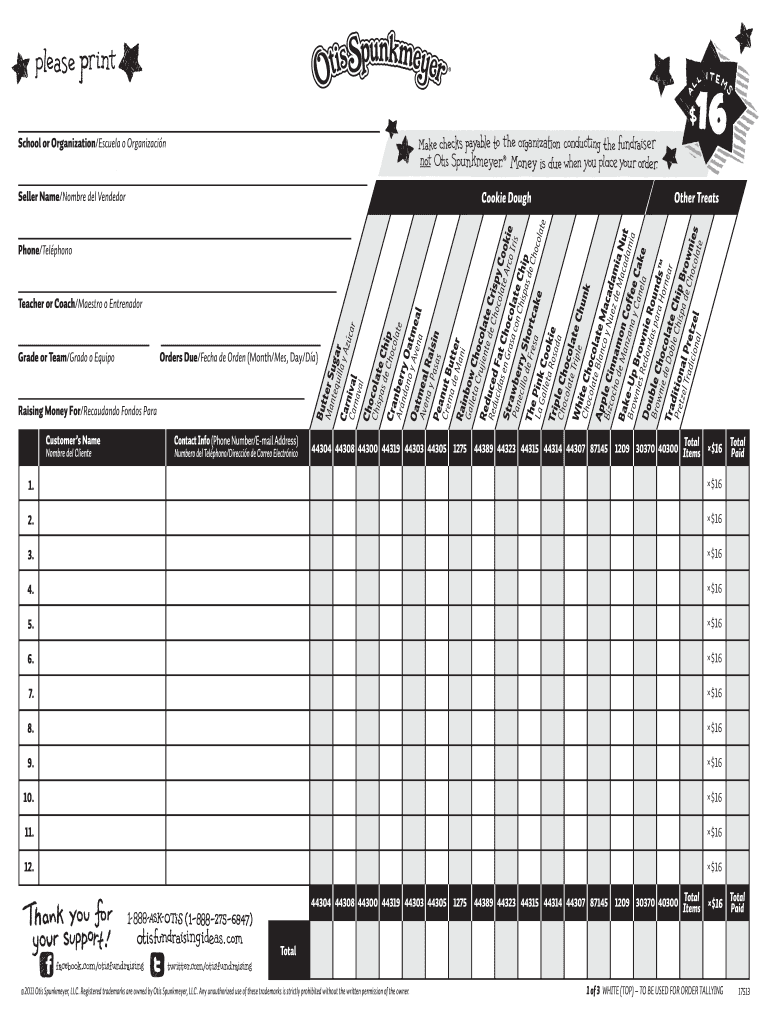 Otis Spunkmeyer Fundraising Order Form: Fill Out & Sign Online  With Blank Fundraiser Order Form Template