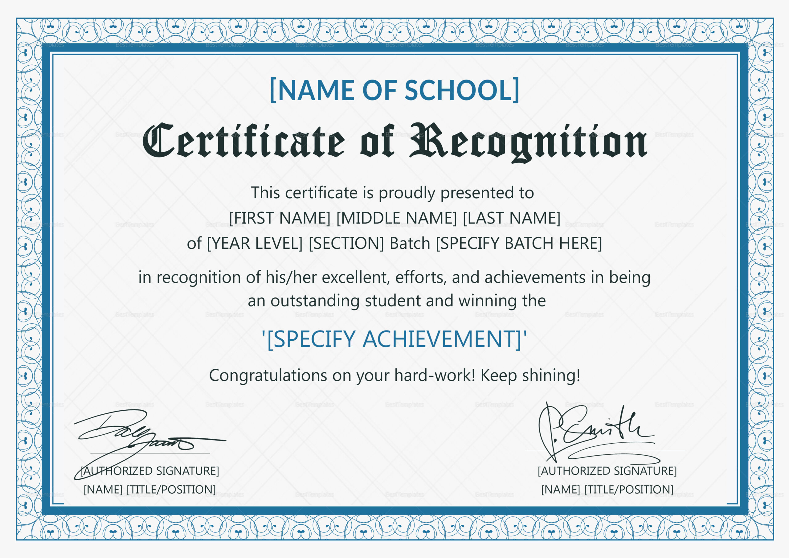 Outstanding Student Recognition Certificate Design Template in PSD  Regarding Certificate Of Recognition Word Template