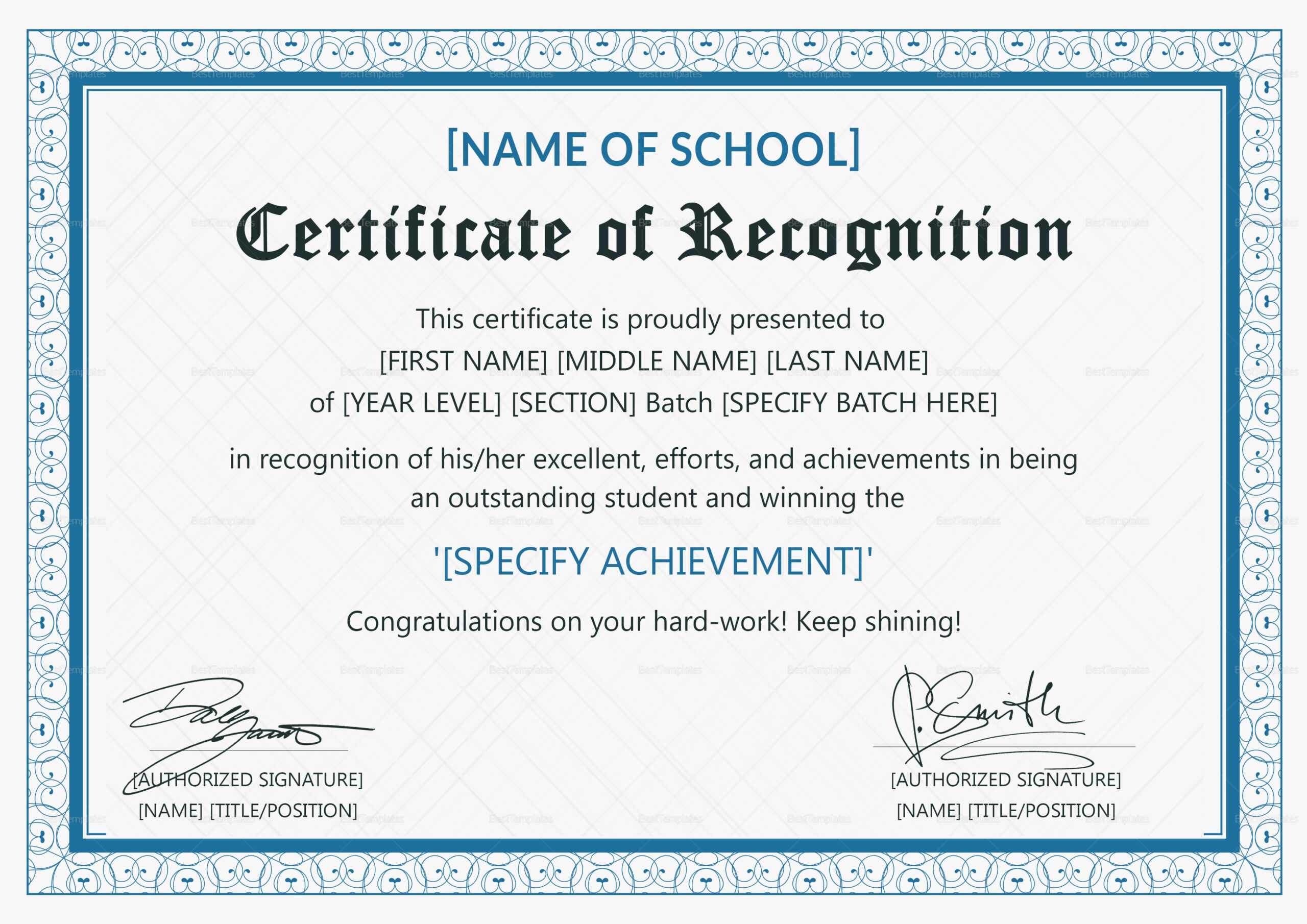 Outstanding Student Recognition Certificate Design Template In PSD  Regarding Certificate Of Recognition Word Template