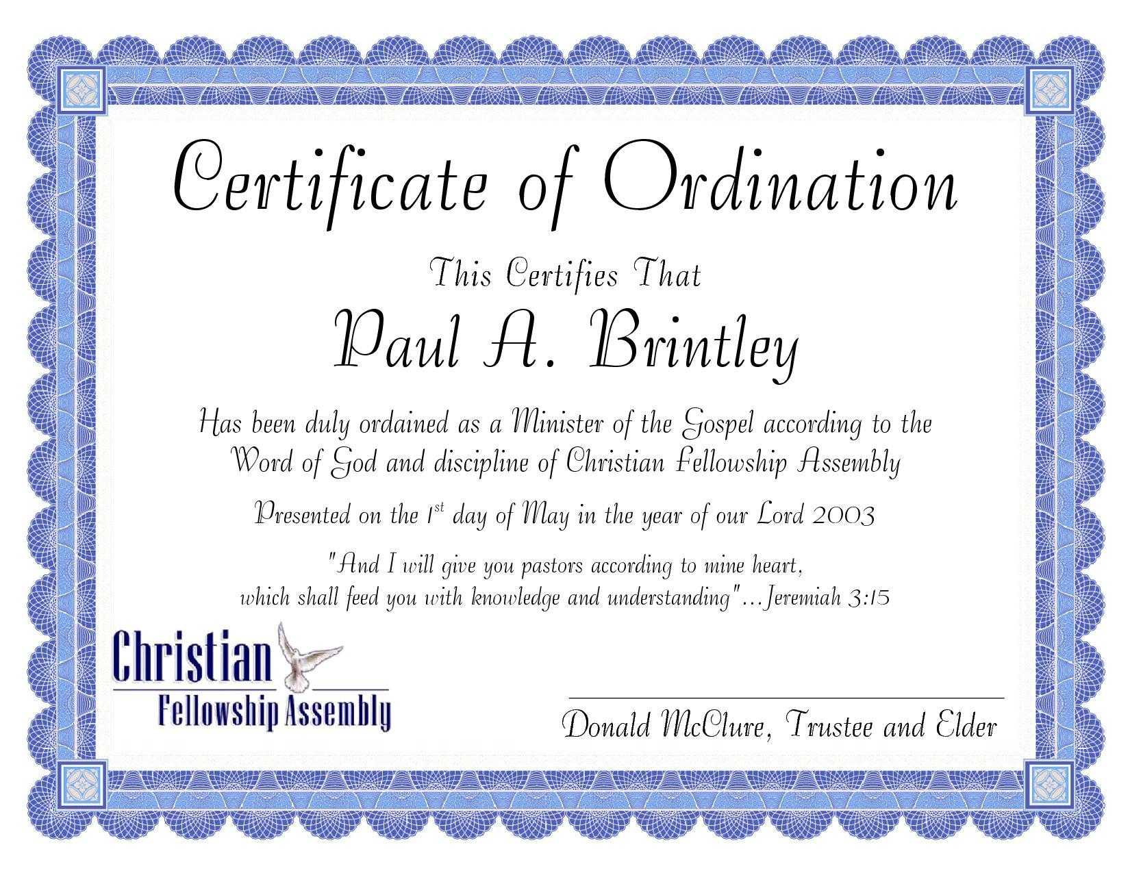 Pastoral Ordination Certificate By Patricia Clay – Issuu With Regard To Certificate Of Ordination Template