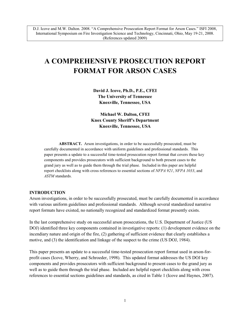 PDF) A Comprehensive Prosecution Report Format for Arson Cases Within Sample Fire Investigation Report Template