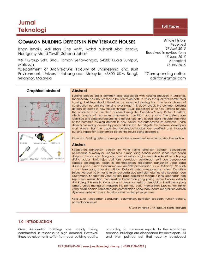 PDF) Common building defects in new terrace houses Intended For Building Defect Report Template