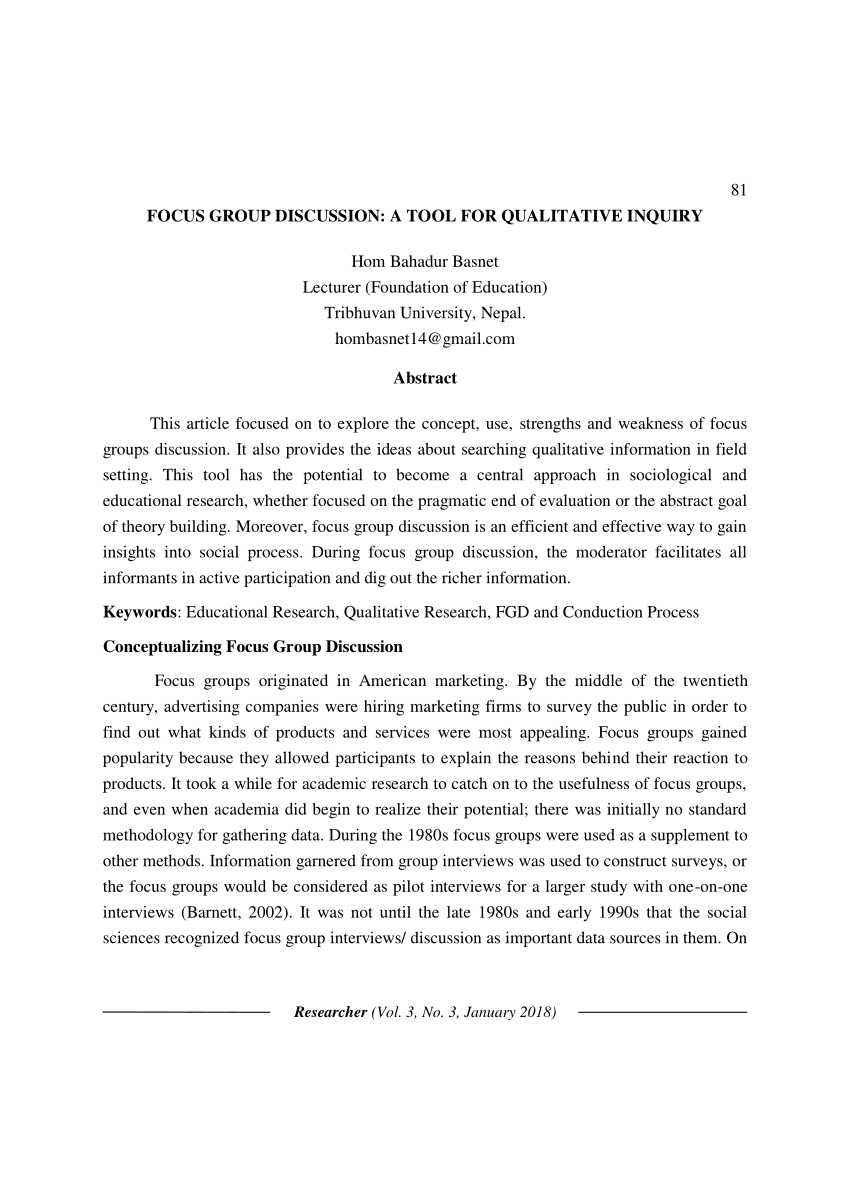 PDF) FOCUS GROUP DISCUSSION: A TOOL FOR QUALITATIVE INQUIRY For Focus Group Discussion Report Template