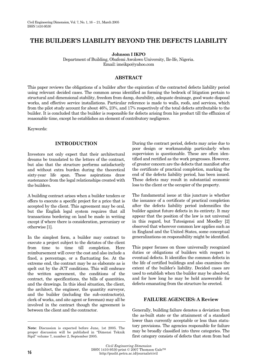 PDF) THE BUILDER'S LIABILITY BEYOND THE DEFECTS LIABILITY