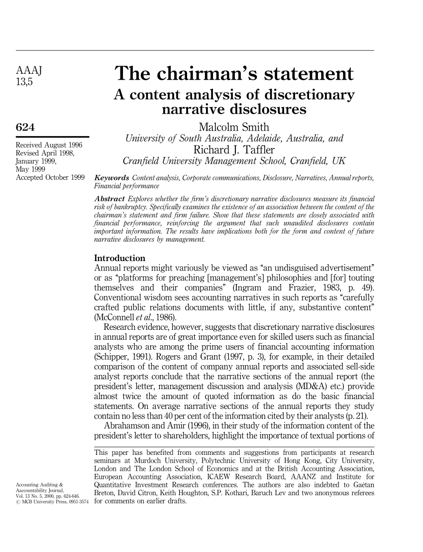 PDF) The Chairman’s Statement: A Content Analysis Of Discretionary  With Regard To Chairman’s Annual Report Template