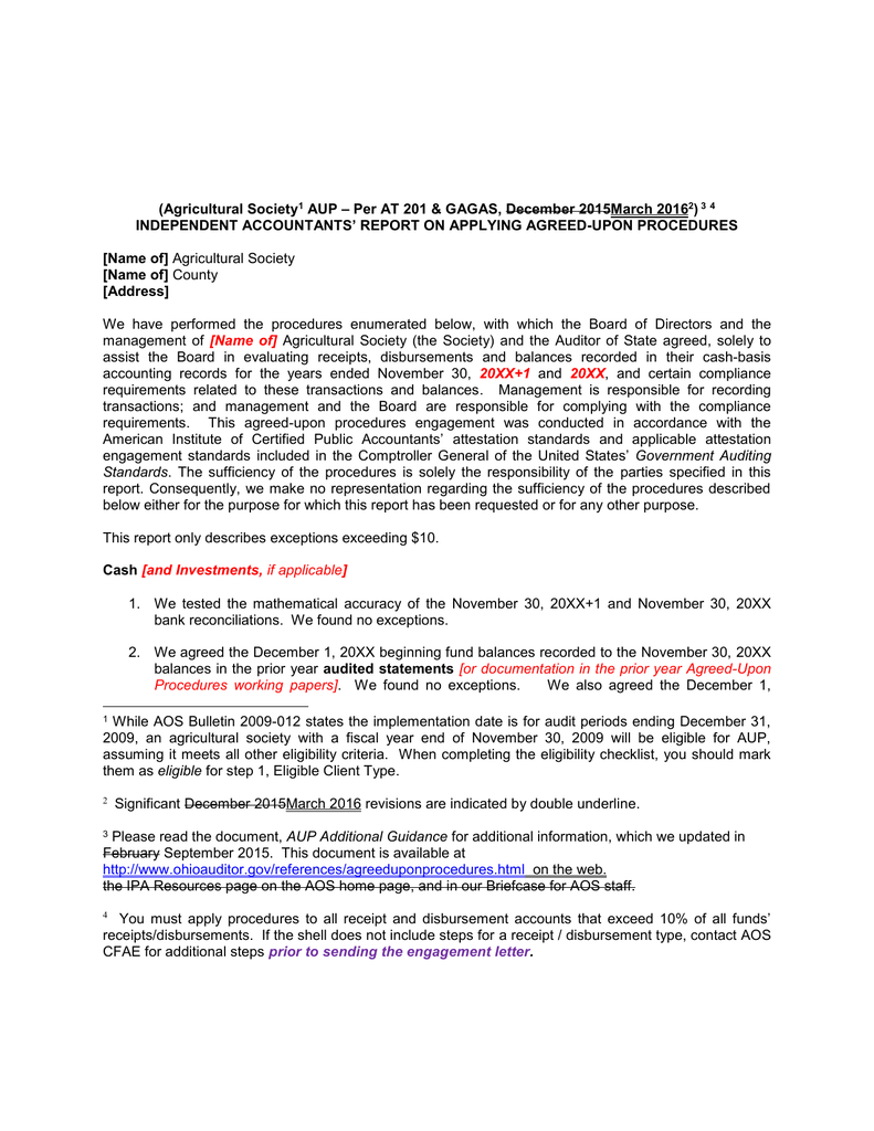 Per AT 10 &amp; GAGAS, December 105March 106 (Agricultural  Regarding Agreed Upon Procedures Report Template