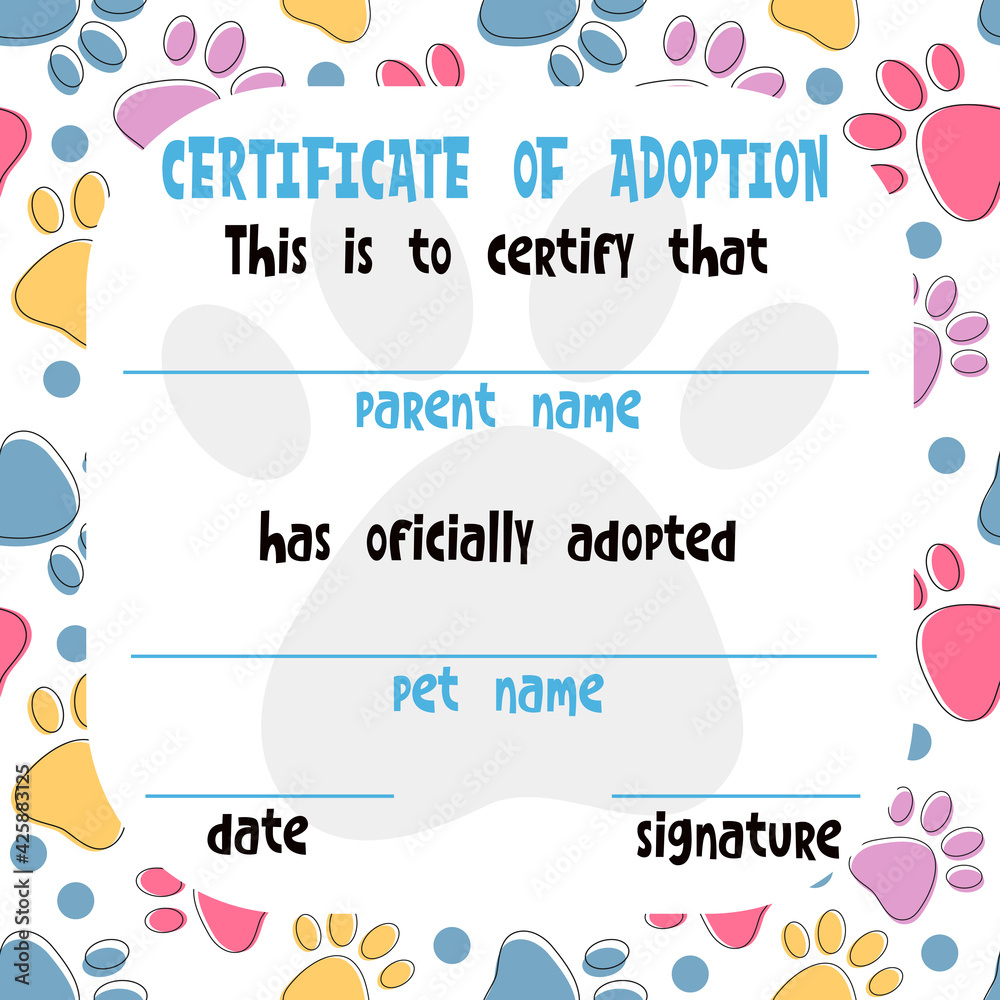 Pet adoption certificate vector template design