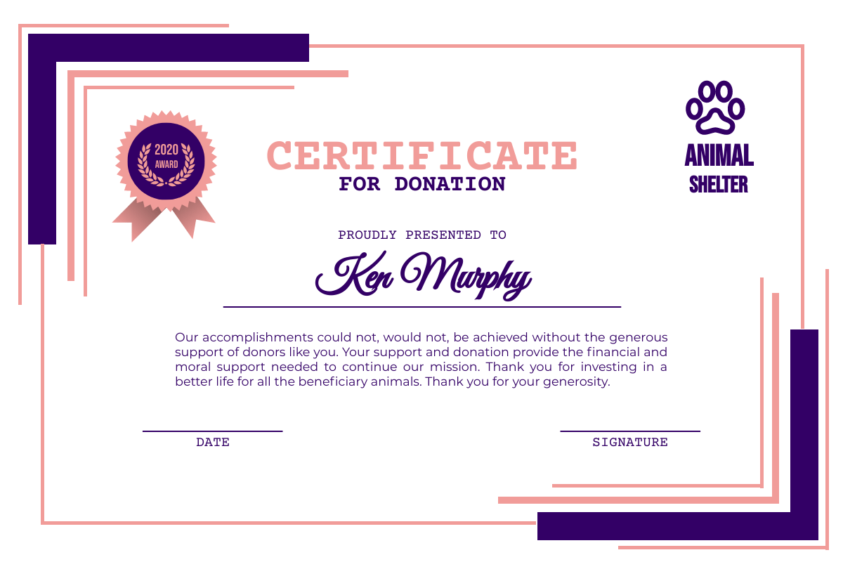 Pink And Purple Certificate For Donation  Certificate Template With Regard To Donation Certificate Template