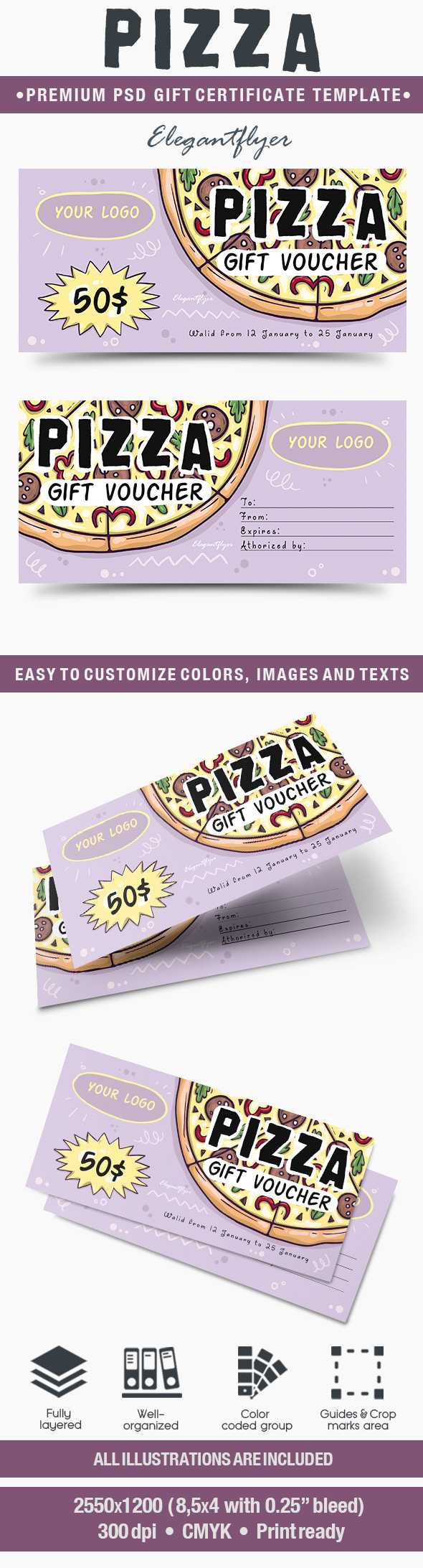 Pizza – Premium Gift Certificate PSD Template  By ElegantFlyer Regarding Pizza Gift Certificate Template