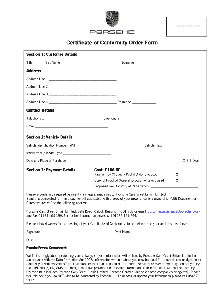 Porsche Certificate Of Conformity: Fill Out & Sign Online  DocHub With Regard To Certificate Of Conformity Template