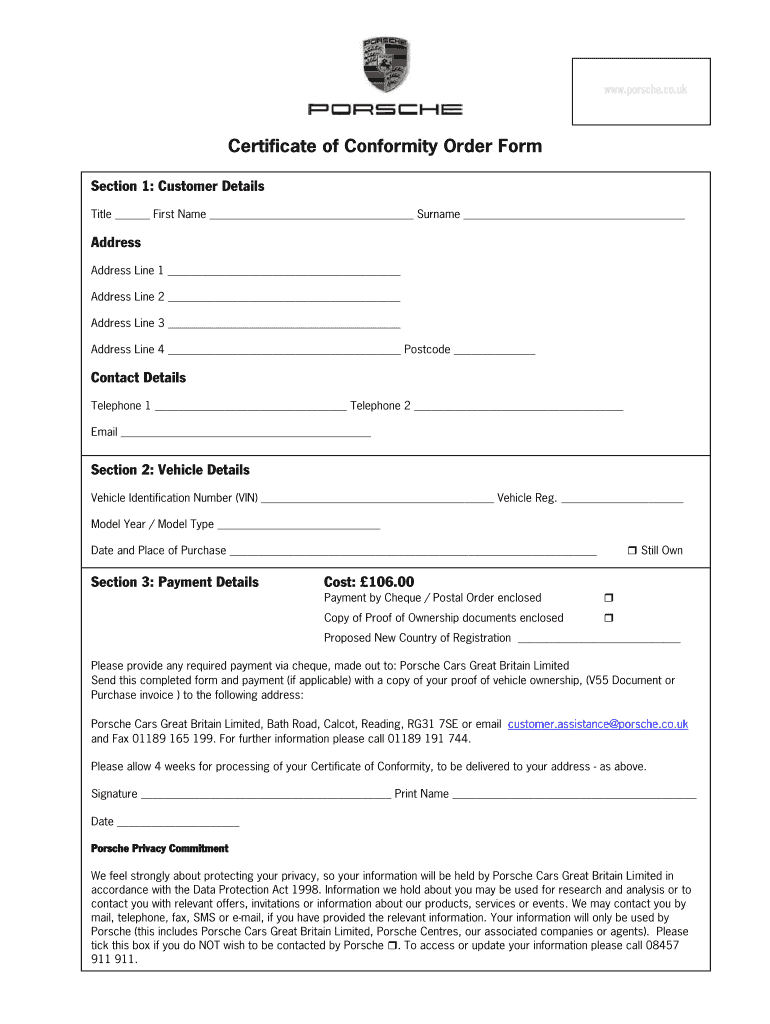 Porsche Certificate Of Conformity: Fill Out & Sign Online  DocHub Within Certificate Of Conformity Template Free