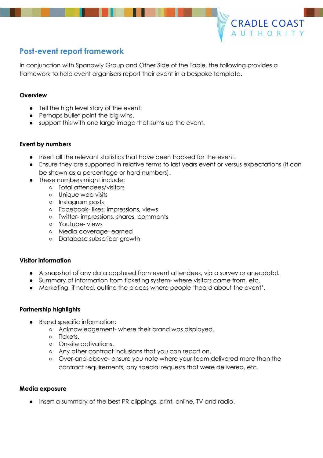 Post Event Report Framework – Toolkit By Cradle Coast Authority  Regarding After Event Report Template