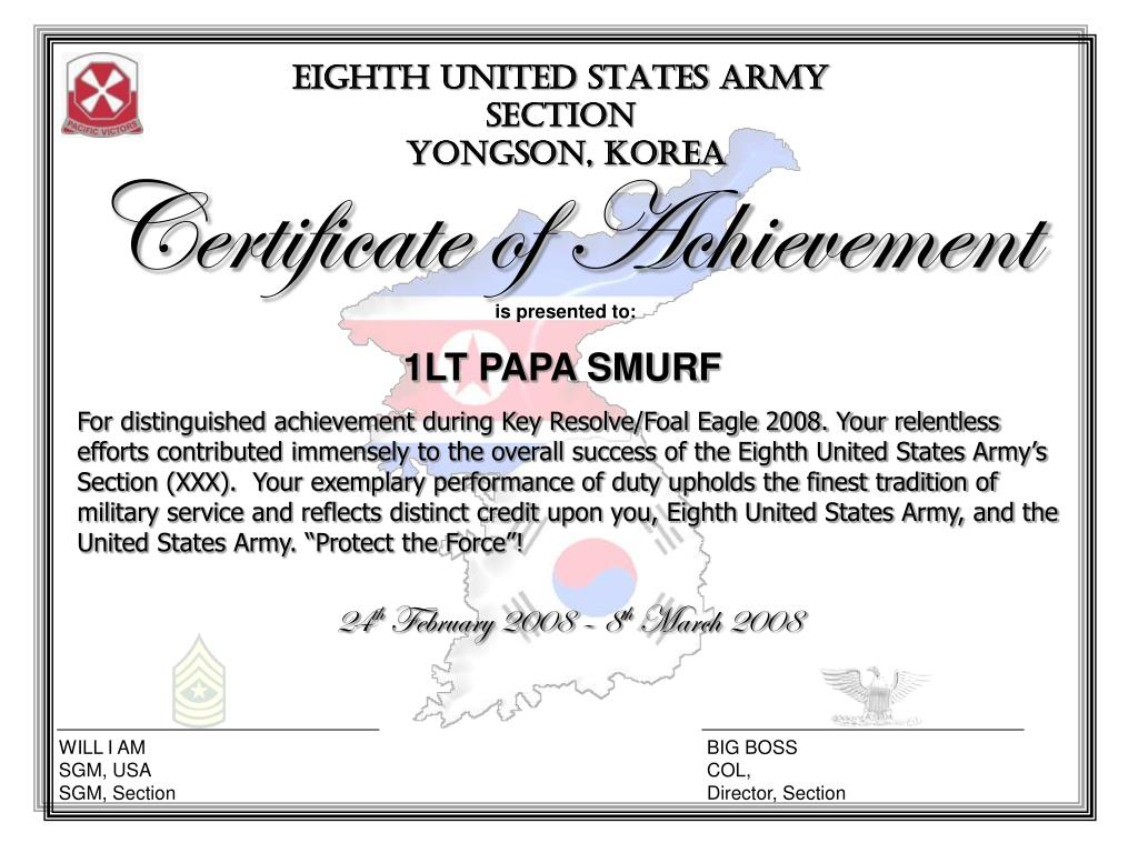 PPT - Certificate of Achievement PowerPoint Presentation, free  Regarding Army Certificate Of Achievement Template