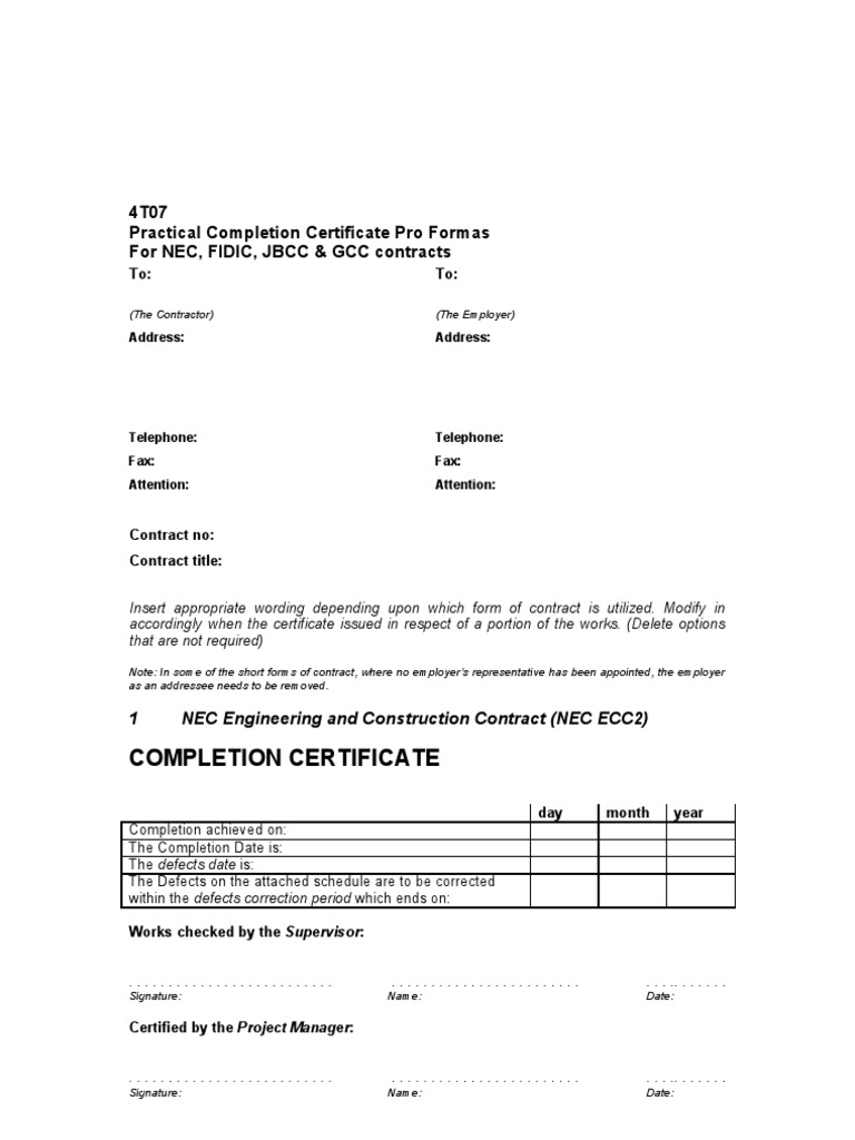 Practical Completion Certificate Profromas v110-10  PDF  Intended For Construction Certificate Of Completion Template